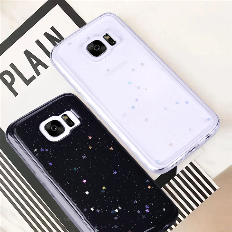 

GrandEver Soft Phone Case For Samsung Galaxy S7 Edge S9 plus Cover Silicone For Bling Stars Glitter Transparent Black bottom