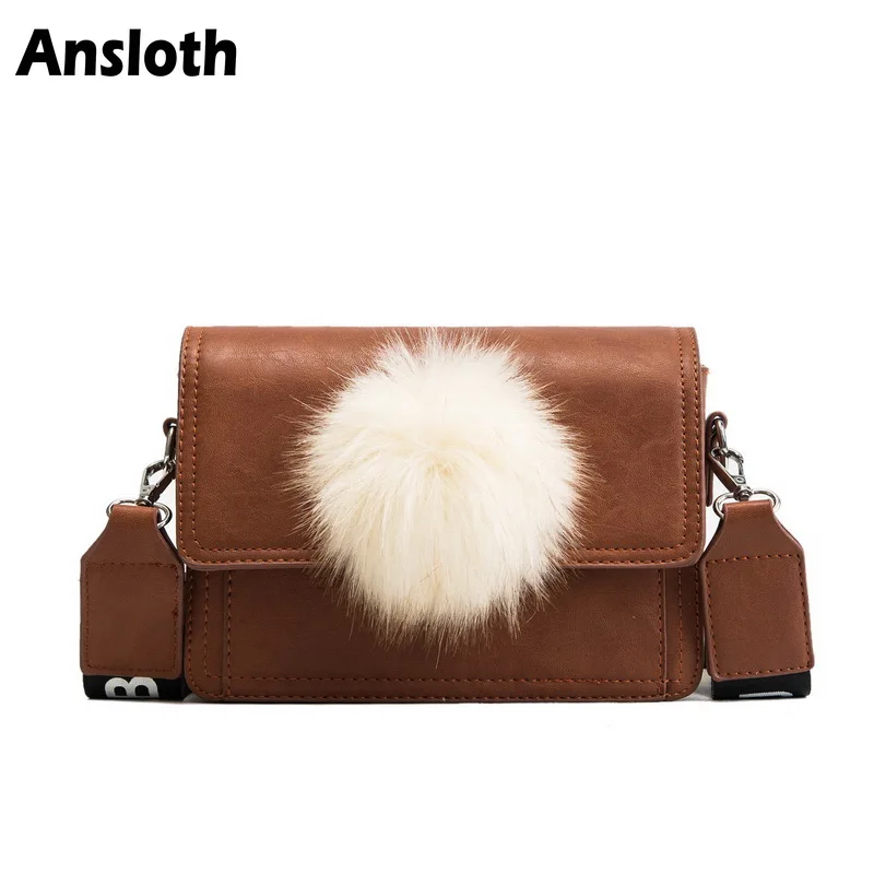 

Ansloth Fashion Mini Shoulder Bags For Women Vintage PU Leather Bag Casual Woman's Bag Simple Crossbody Bag With Hairball HPS268