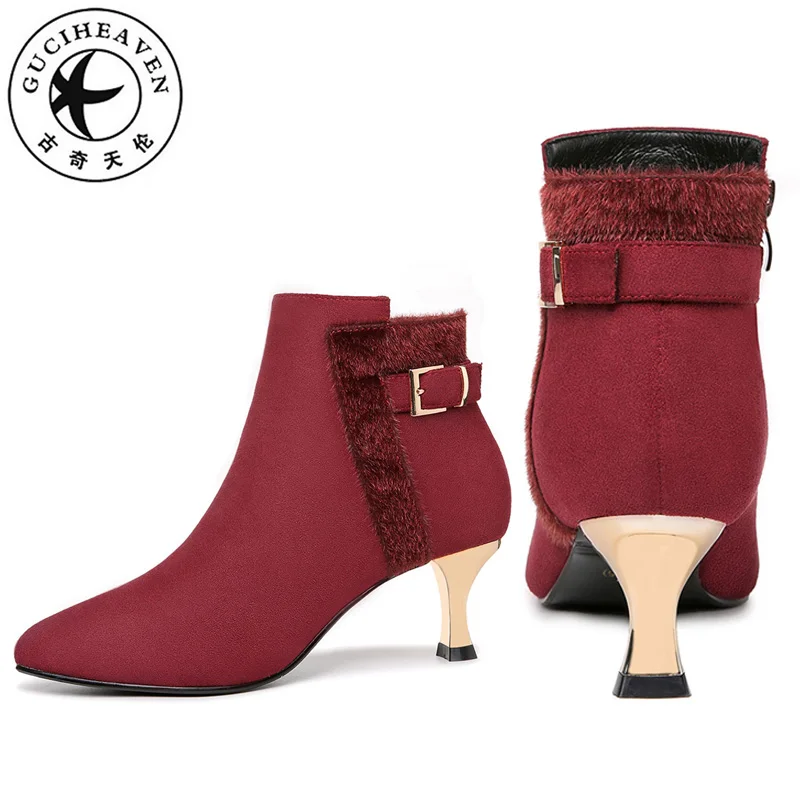 

Guciheaven High Heels 5.5cm Early Winter Women Ankle Boots Short Plush Inside Martin Dress Flock Microfiber Shoes Autumn Spring