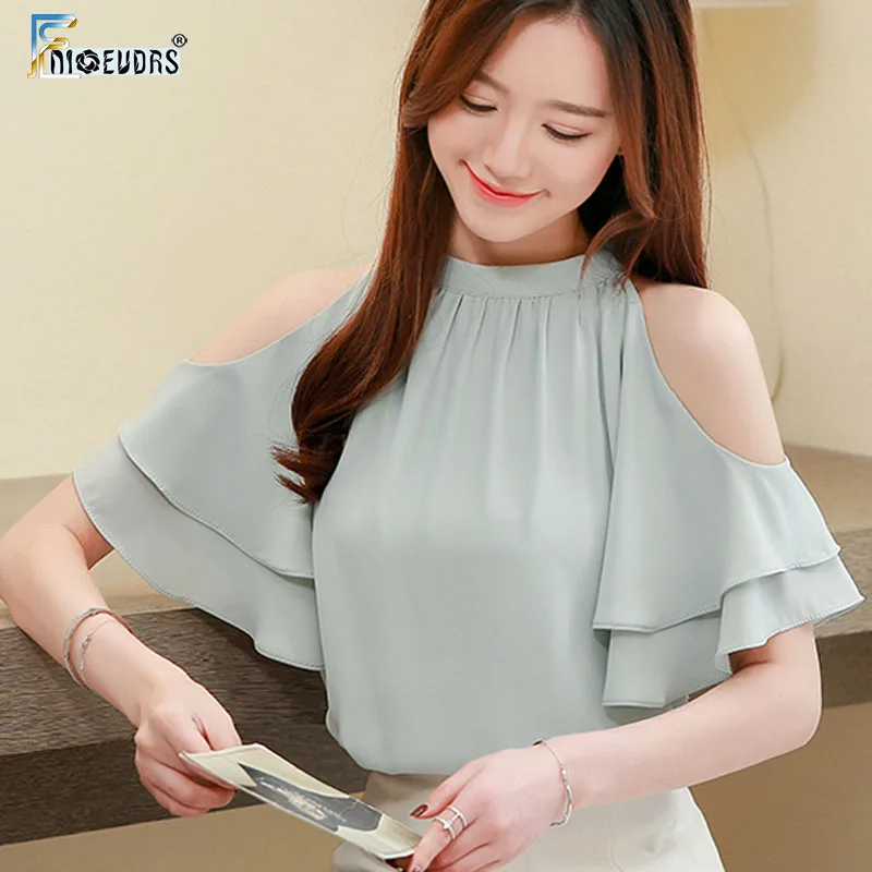 

Chiffon Blouses Shirts Hot Sales Woman Fashion Ruffled Open Off Shoulder Tops Cut Out Green Pink Turtleneck Blouse J621