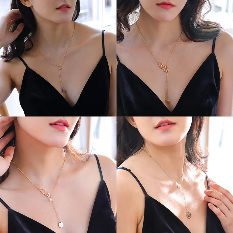 

Doreen Box New Fashion Gold Color Geometric Heart Honeycomb Bee Pearl Map Pendant Long Chain Y Necklace For Women Party Jewelry