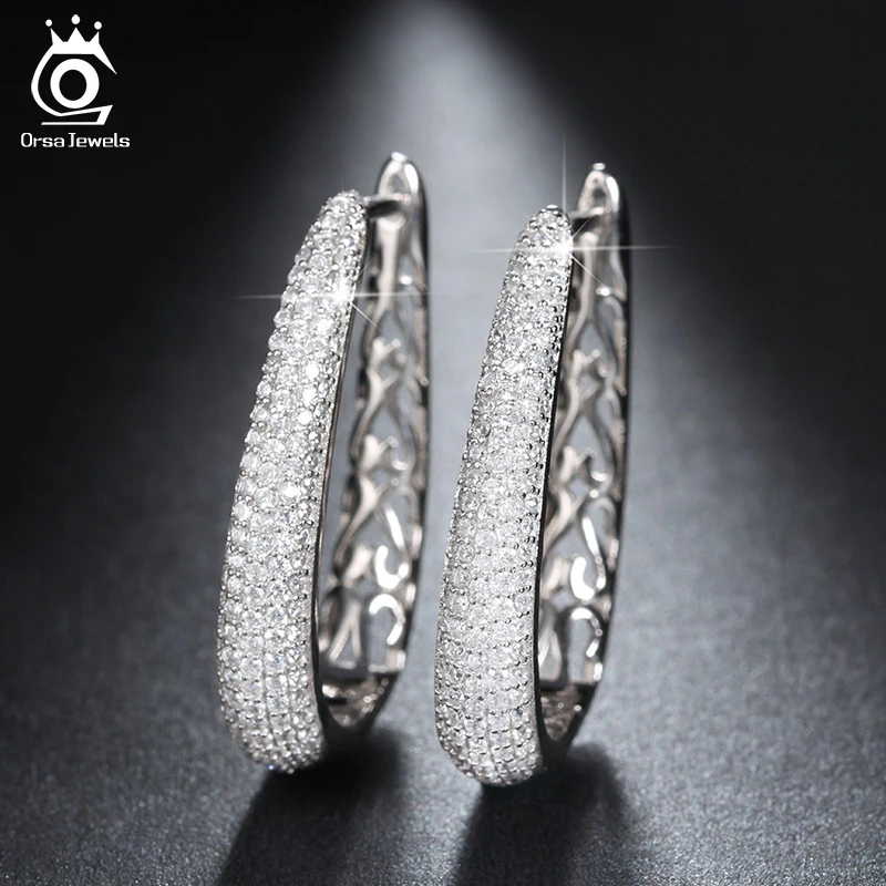 ORSA JEWELS Luxury Silver Color Hoop Earrings Paved with AAA Austrian Cubic Zirconia for Women Fashion Jewelry New Style OE139 цена ORSA JEWELS Luxury Silver Color Hoop Earrings Paved with AAA Austrian Cubic Zirconia for Women Fashion Jewelry New Style OE139 цены онлайн