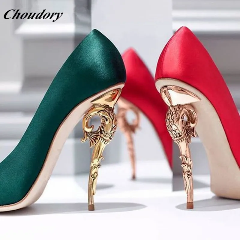 

Red/Green Island Heel Baroque Pumps Curve Ornate Spiralling Woman Fashion Runway Metal Stilettos Pointed Toe Women Dress Shoes