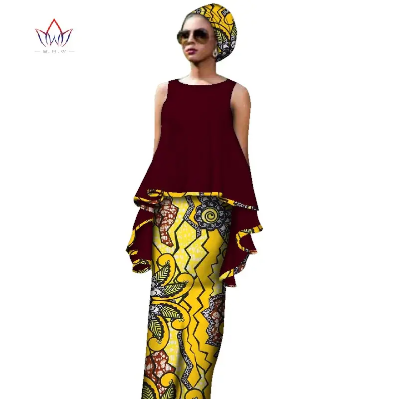 

in stock Bazin Riche African Clothes for Women Summer Two Piece Sets Cotton Dashiki O-neck 7xl Top Straight Skirts Dress WY2575