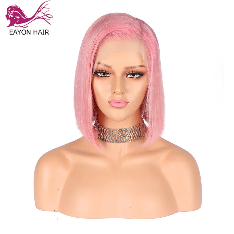 EAYON волос розовый парик 13X6 Синтетические волосы на кружеве парики из натуральных волос на кружевной короткую стрижку перуанские прямые волосы 10 дюймов Синтетические волосы на кружеве al парик для лета PrePluck
