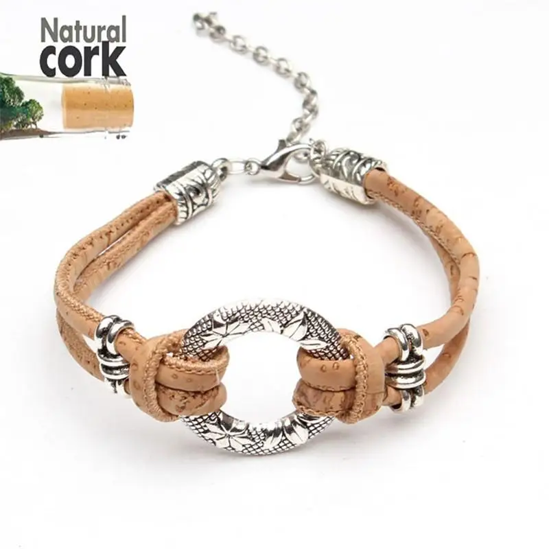 

Natural cork with Circle with flower women Bracelet vintage original lady handmade wood jewelry with natural material BR-145