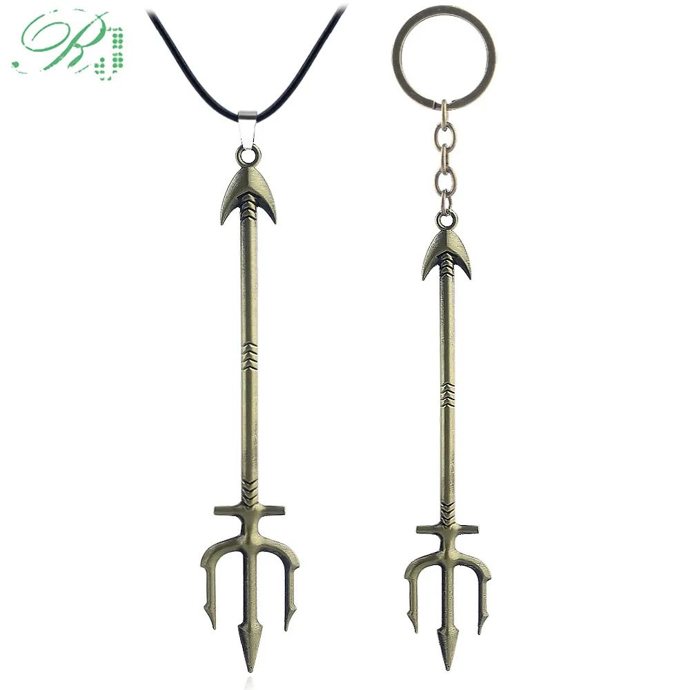 

RJ Hot Movie Justice League Aquaman Arthur Trident Of Poseidon Keychains Avengers Thor Hammer Stormbreaker Keyring Men Jewelry