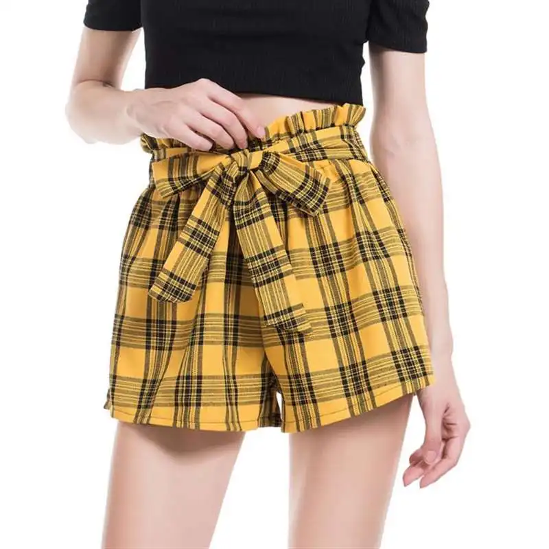 Harajuku винтажные клетчатые шорты летние женские модные кружевные широкие шорты с высокой талией горячие шорты для девочек красные/желтые Прямая поставка
