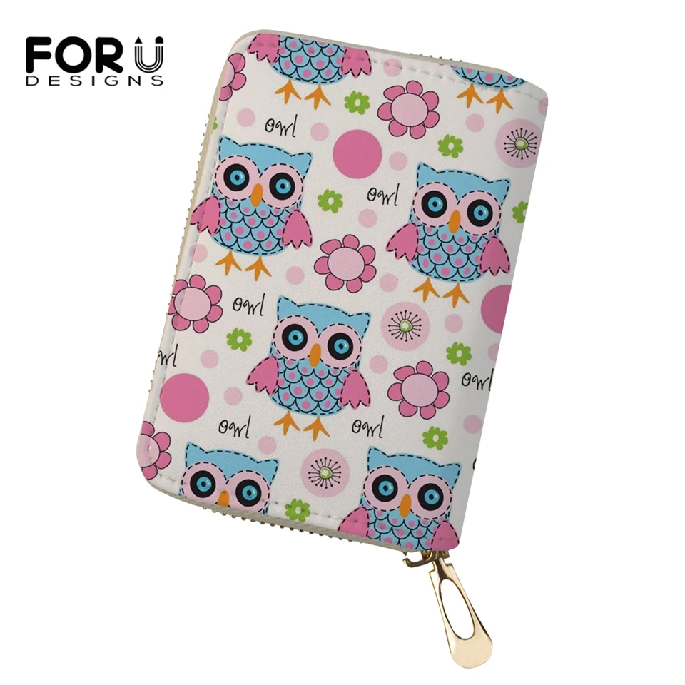 FORUDESIGNS Cartoon Women Business PU Card Holder Fashion Kawaii Animal Girls Money Purses Cute Owl Prints Pattern Cluth Wallets