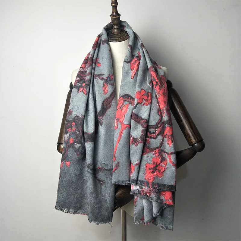 Зимний кашемировый шарф женский теплый суперплаток винтажный головной платок с цветочным принтом дерево накидка пуховая накидка квадратный хиджаб 130*130 см