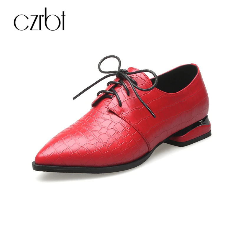 

CZRBT Spring Popular Square Printing Oxfords Women British Style Pointed Toe Brogue Shoes Womens 100% Leather Flats Autumn Shoes
