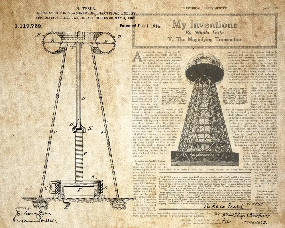 Vintage patent art prints 4 in 1 on Nikola Tesla coil turbine lamp