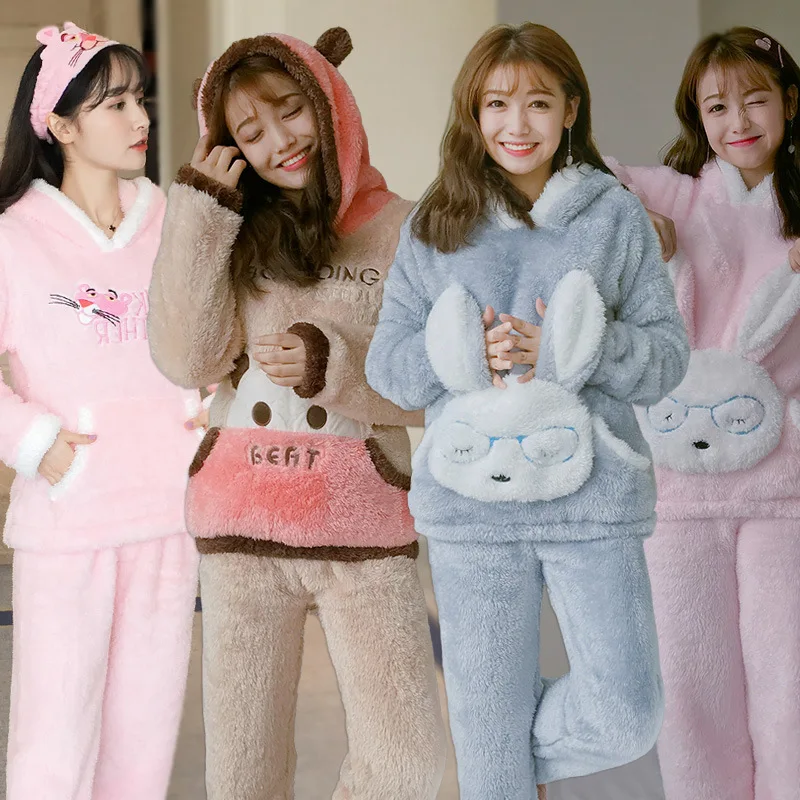 

JINUO two piece 2018 autumn winter women ladies fleece Warm soft Flannel heart printed pajamas suit Female casual home clothes