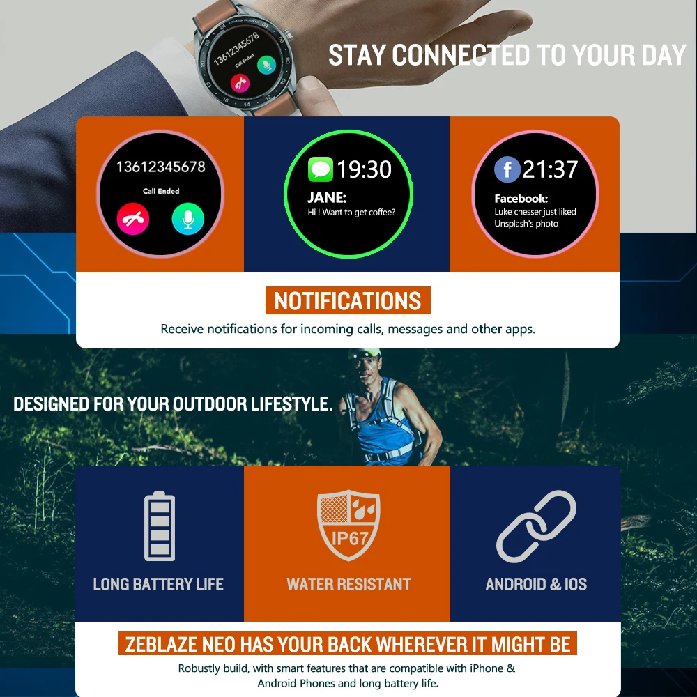 Zeblaze NEO серии цветной сенсорный дисплей Smartwatch IP67 Водонепроницаемый сердечный ритм кровяное давление фитнес-трекер для IOS Android