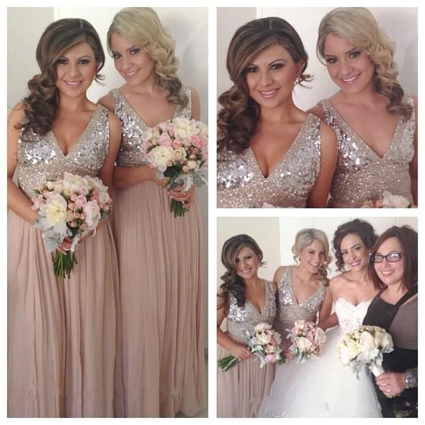 Bling Glitter Sequins Long Chiffon Bridesmaid Dresses A Line Y V Bling Glitter Sequins Long Chiffon Bridesmaid Dresses A Line Y V Neck Maid Of