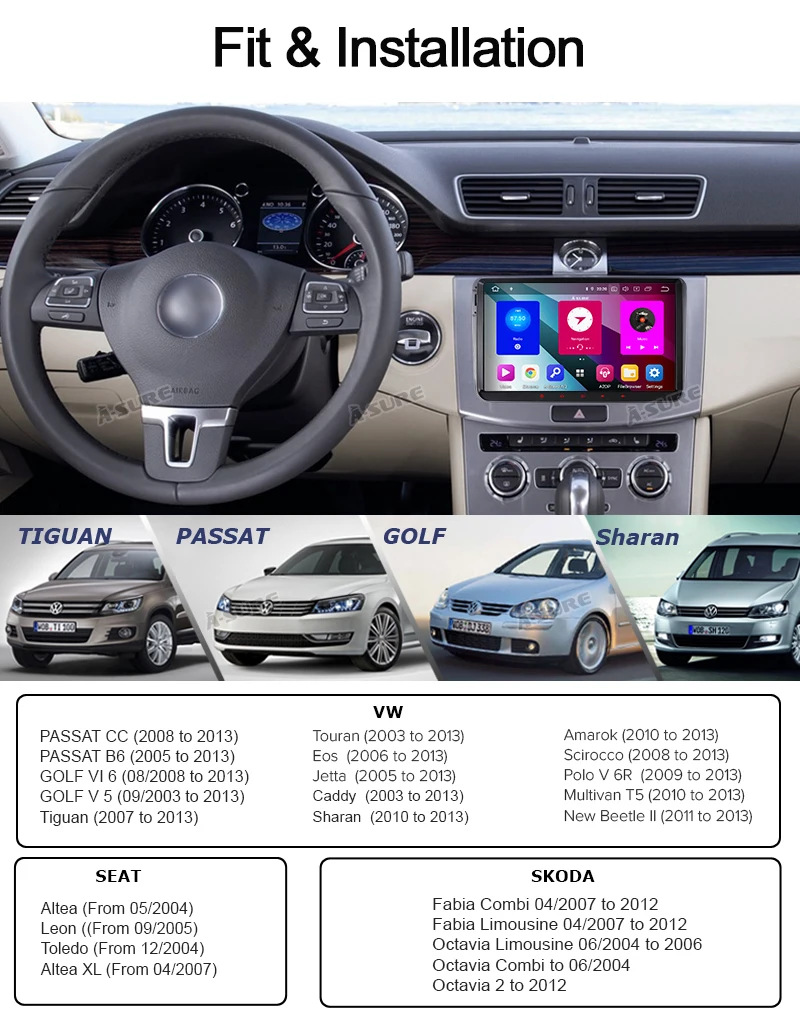 A-Sure 2 Din 8 ядерный 4 Гб ОЗУ Android 9 Автомагнитола gps Navi для Volkswagen VW Tiguan Polo Golf 5 6 Passat Caddy Transporter Touran