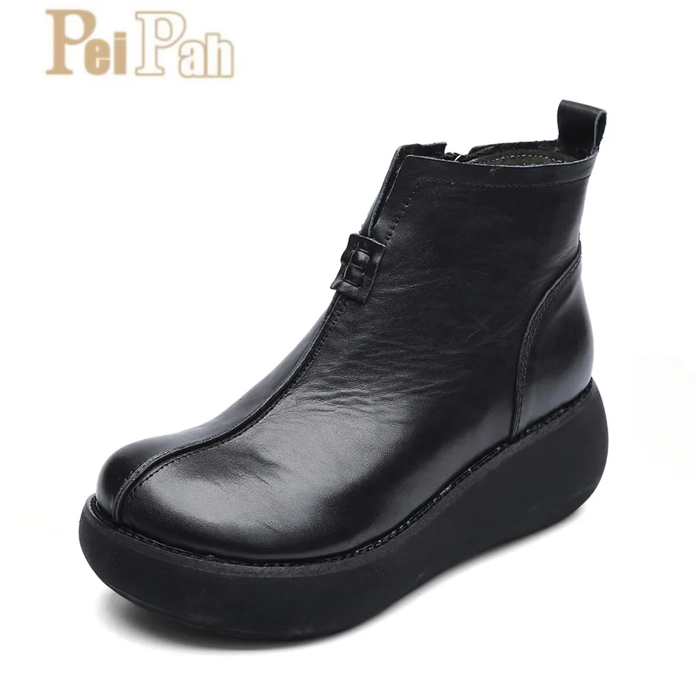 

PEIPAH 2019 Autumn Genuine Leather Women Shoes Fashion Retro Women's Platform Shoes Cow Leather Thick Heel Chaussure Femme