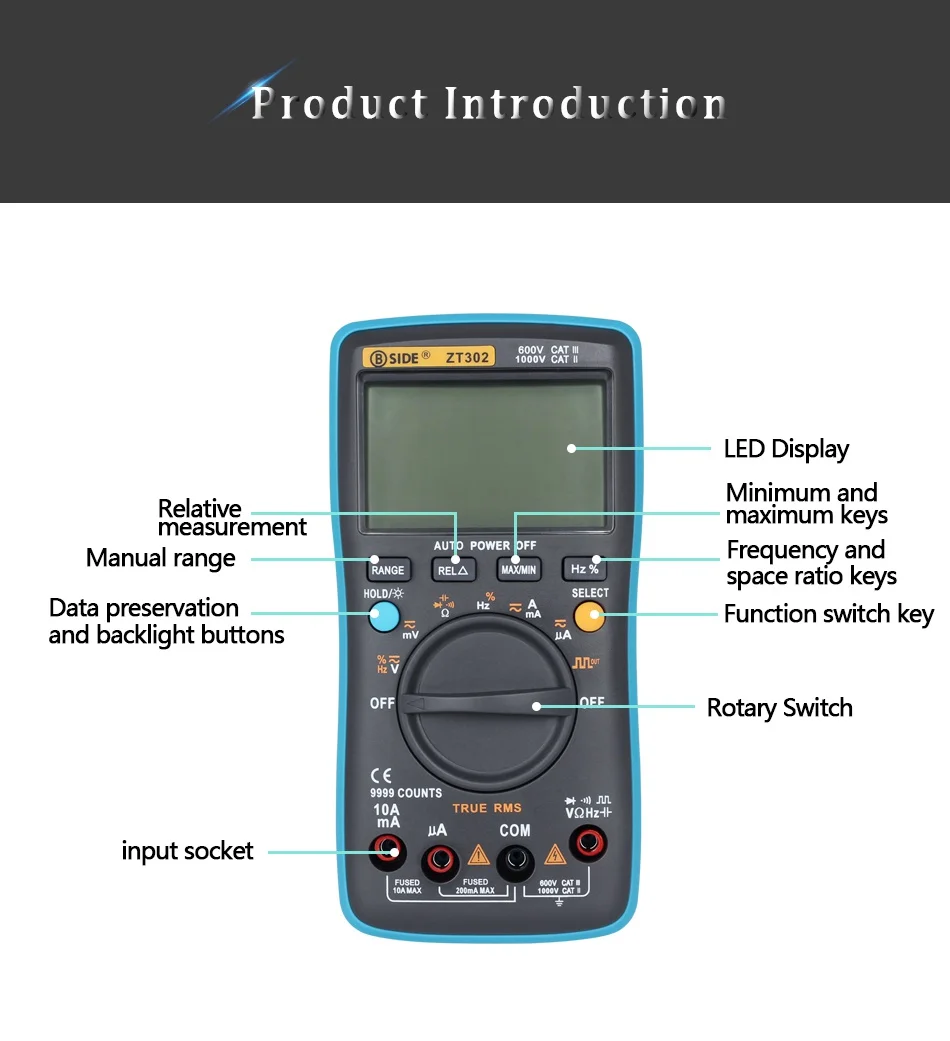 Цифровой мультиметр BSIDE ZT301 302 True-RMS DC/DA Вольтметр Амперметр Multimetro DMM Сопротивление ом крышка Гц температура тестер