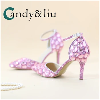 

Pink Crystal Sandals Pointed Toe Ankle Strap Thin Heel Women Pumps for Bride Bridesmaid Party Prom Banquet Evening Dress