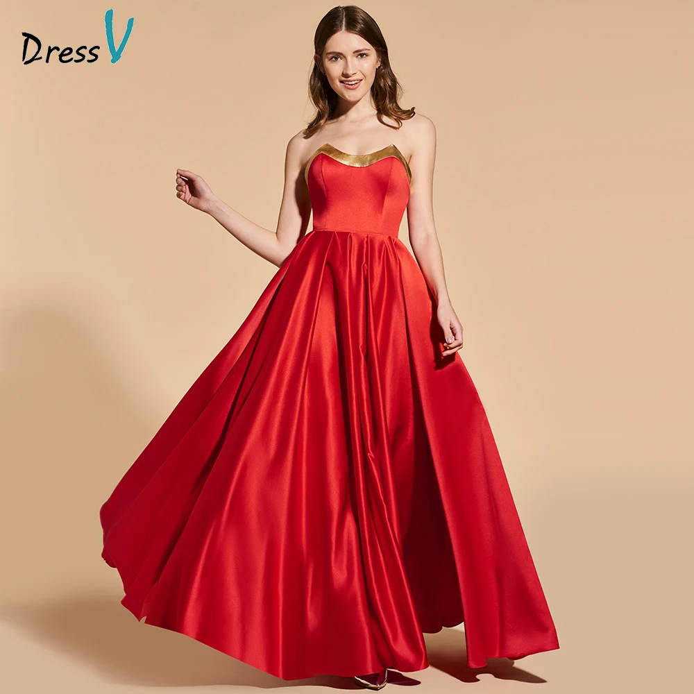 Dressv elegant red long prom dress strapless empire waist simple a line