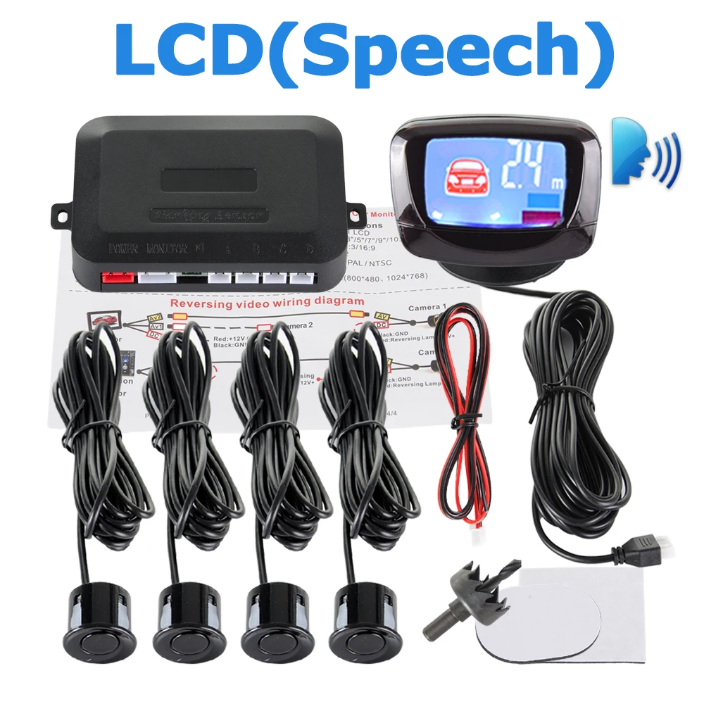 

Viecar Car Parking Sensor Kit 4 Sensors English Human Voice LCD Real Person Speech 22mm Car Reverse Backup Radar System 12V
