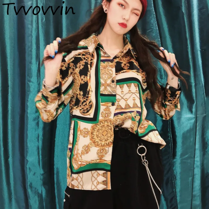 

TVVOVVIN 2019 New Summer Fashion Women Thin Styles Clothes Metal Pattern Printed Contrast Colors Vintage Female Blouse V130