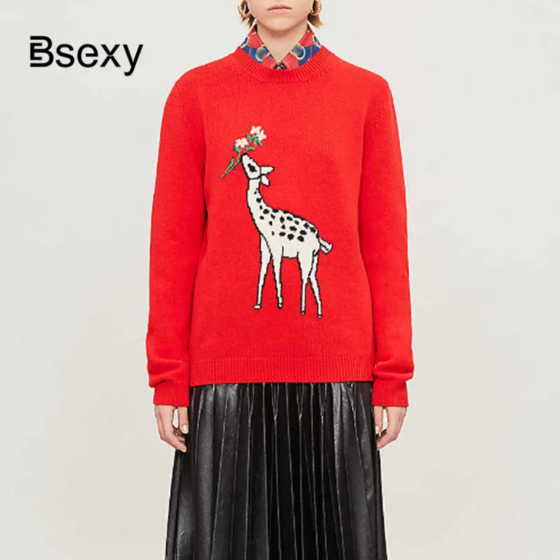 

2019 Early Fall Women Red Sweaters Runway Designer Round Neck Long Sleeve Fawn Pattern Loose Knitted Pullovers Women's Jumper
