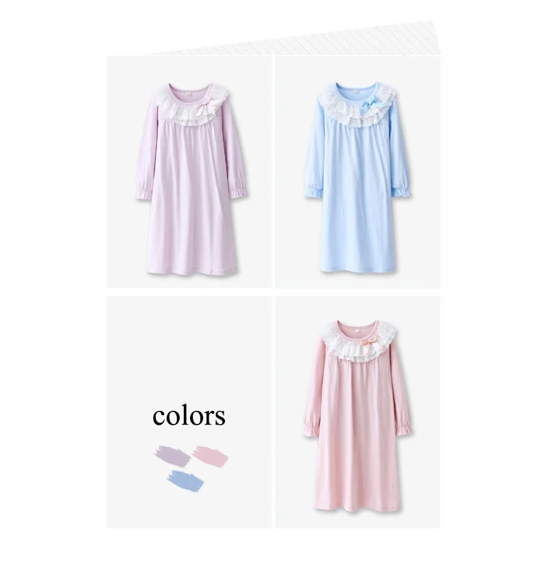 Милая кружевная ночная рубашка для девочек с бантом; хлопковые детские пижамы для девочек; цвет розовый, синий; одежда для сна с длинными рукавами; мягкие удобные