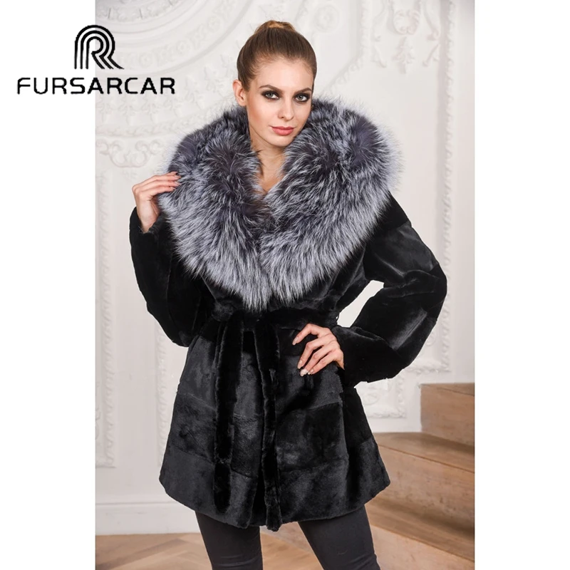 Fursarcar Зима Новое поступление натуральным мехом пальто Для женщин Подлинная кролика рекс Меховая куртка с Silver Fox меховой капюшон толстые