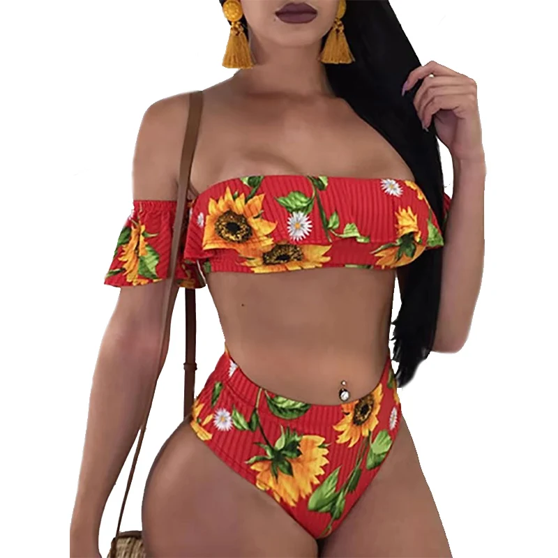 Billige 2019 afrikanische Bademode Frauen Hohe Taille Bikini Rüsche Badeanzug Push Up Bikinis Set Badeanzug Strand Tragen Sommer Biquini Weibliche