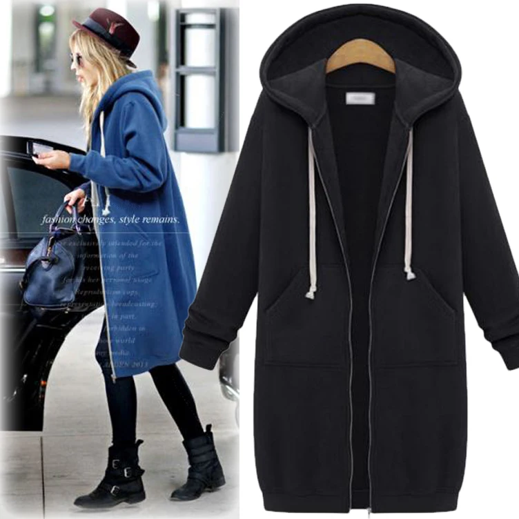 spring autumn new large size women's hooded long-sleeved Sweatshirt fleece Medium length Thick warm Cotton zipper Outerwear coat