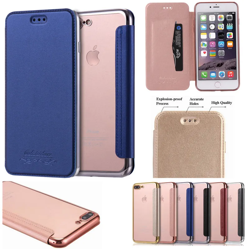

Plating TPU Flip Leather Case For iPhone 7 8 Plus 6 6S Plus 5 5S SE Card Slot Clear Silicone PU Case For iPhone XS Max X XR XS