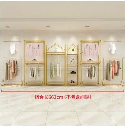 Золотая витрина для магазина женской одежды, подвесные полки для одежды от пола до пола, подвесная комбинированная полка для потолка