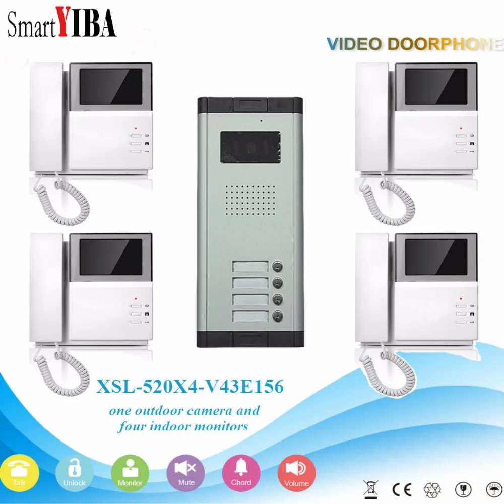 SmartYIBA 4,3 "Домашняя Ночное видение дверной звонок с интерком трубка Системы ИК Камера для 4 единицы квартиры семей видео-телефон двери