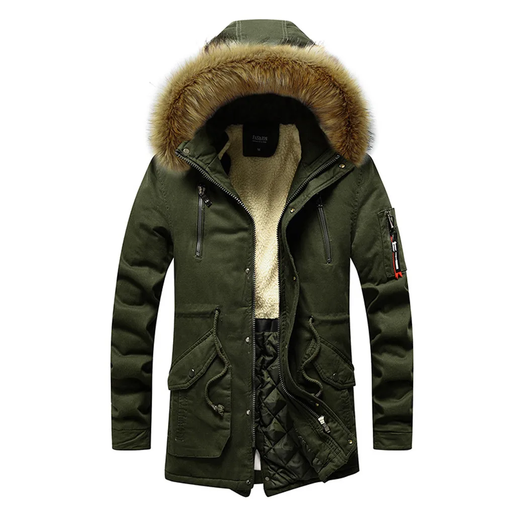 Autumn Winter Jacket Men 2XL 3XL Cotton Padded Warm Parka Coat Casual Faux Fur Hooded Fleece Long Male Jacket Windbreaker Men - Цвет: Армейский зеленый