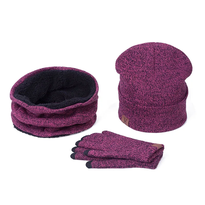 Модный комплект из 3 предметов, женская зимняя шапка и наборы перчаток, хлопок, унисекс, шапка, шарф, перчатки, набор, одноцветная шапка и шарф, набор для мужчин и женщин - Цвет: Rose red