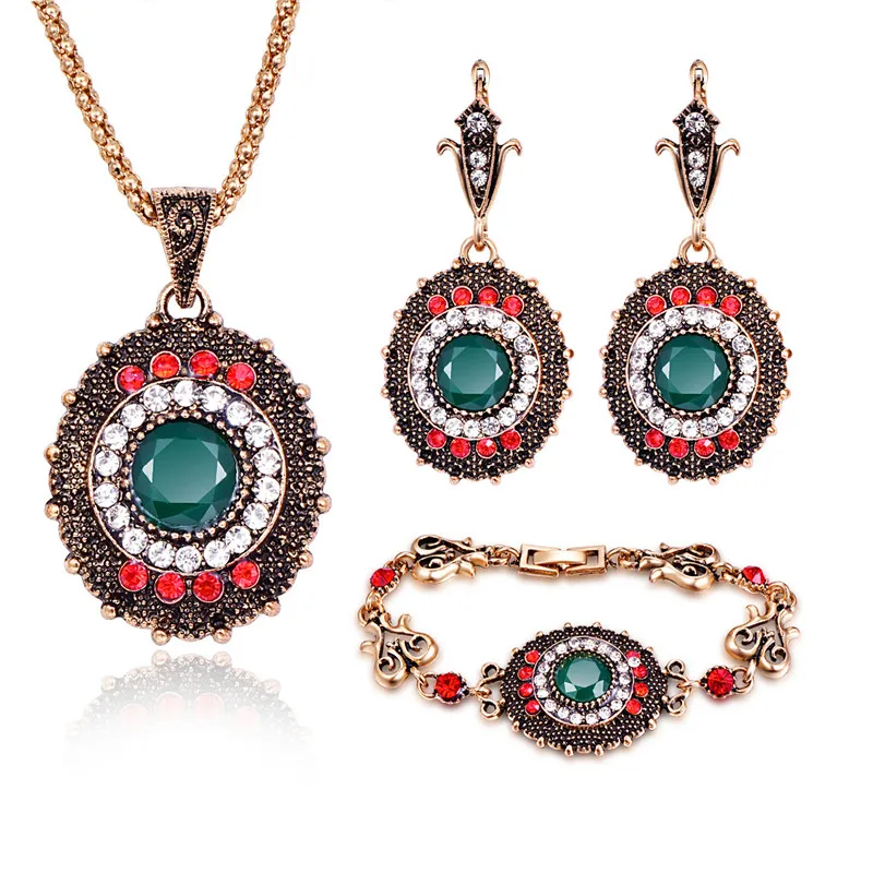 Vintage Bridal Jewelry Sets For Women Antique Gold Color Multi Color Crystal Flower Pendant