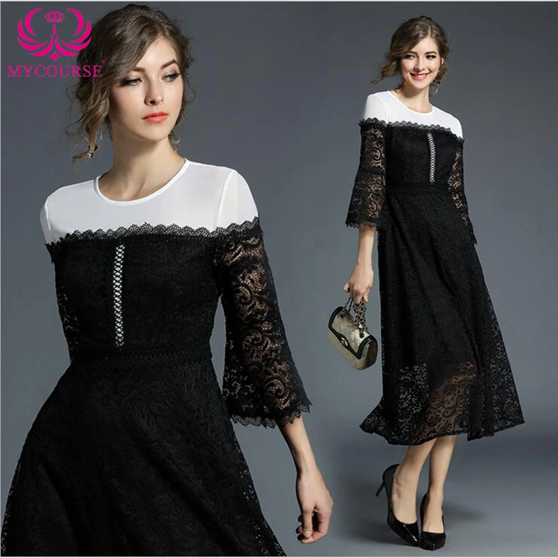 

New Women Lace Dress O Neck 3/4 Flare Sleeve A Line Slim Spliced Floral Lace Hollow Out Casual Dress Party Cocktail Lace Dresses