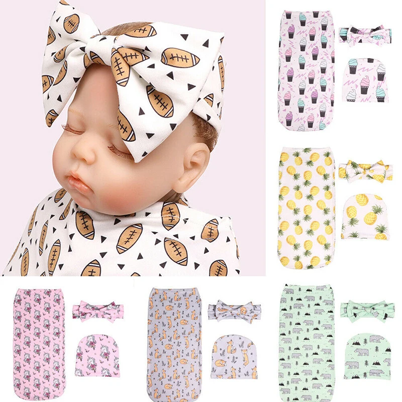 

3pcs Newborn Baby Sleeping Bags Cute Swaddle Blanket Muslin Wrap Hat Headband Infant Kids Lovely Bedding Sleeping Bag New Hot