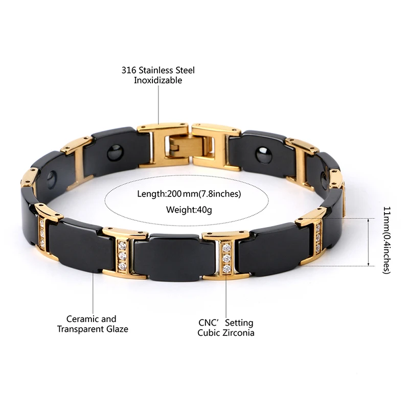Beste Luxe Mannen Gouden Armband Gezondheid Zwarte Keramische Bio Magnetische Germanium Armbanden Mannen Hand Chain Link Crystal Roestvrij Sieraden
