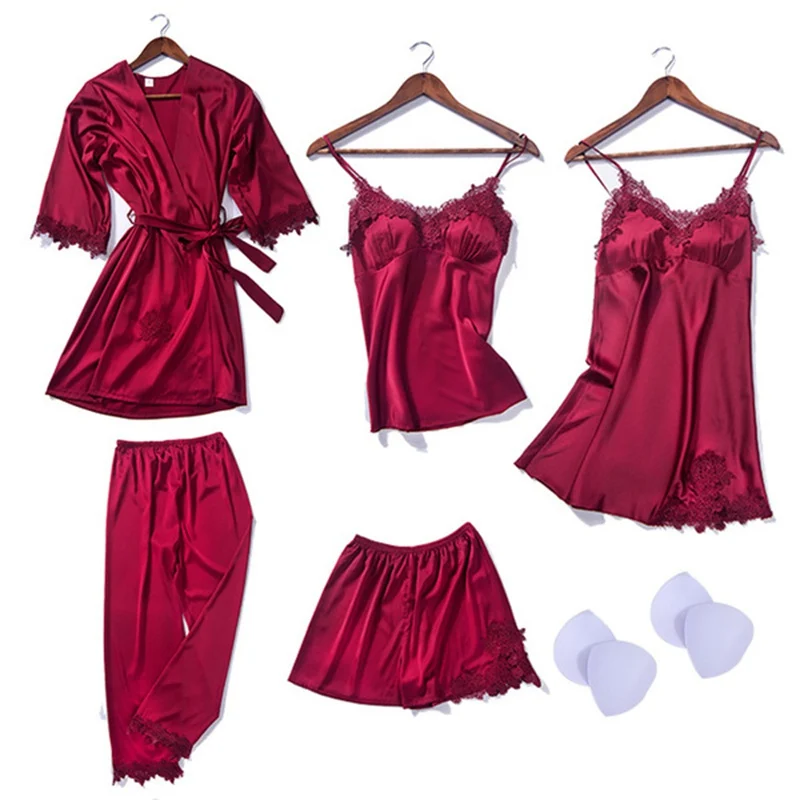 5 шт., женские ночные сорочки с острым вырезом, мини-пижамный комплект, кружевной халат, сексуальная женская одежда для сна, красная ночная Пижама, пижама, нижнее белье - Цвет: Красный