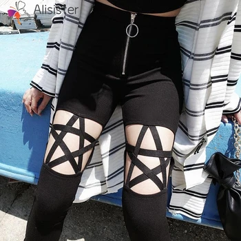 

Women Joggers Pants Gothic Punk Style Hollow Out Star Zipper Fly Slim Straight Pants Women Black Hip Hop Streetwear Trousers