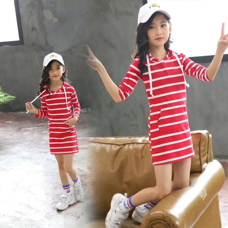 Girls Dress 3 10 to 12 years Striped Dress For Girls Casual Long Sleeve Infantil Children Clothing Hooded Vestidos costume kids