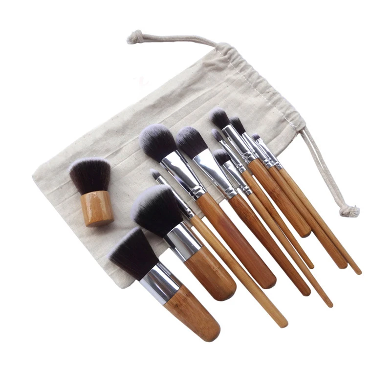 

11pcs Natural Bamboo Makeup Brushes with Bag Professional Cosmetics Eyeliner Brush Kit Soft Kabuki Foundation Blending Tool