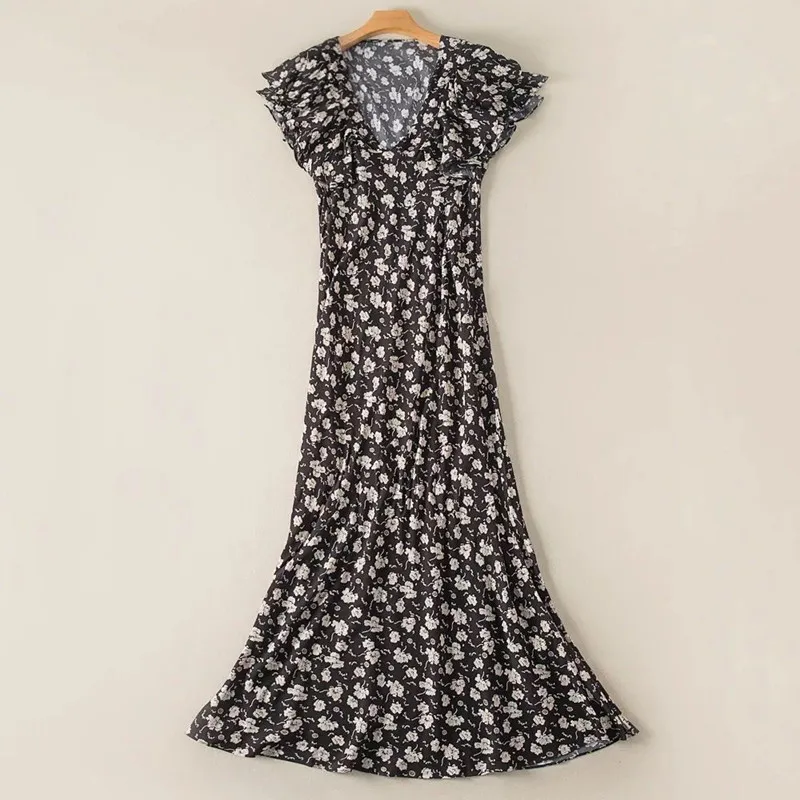 

Women Flower Print V Neck Ruffle Long Dress