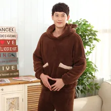 Зимняя теплая плюшевая Пижама, брючный костюм, комплект размера плюс, пэтчворк, с медвежьими ушками, Толстый Пуловер, домашняя пижама для влюбленных пар, 2 предмета, ночной Топ