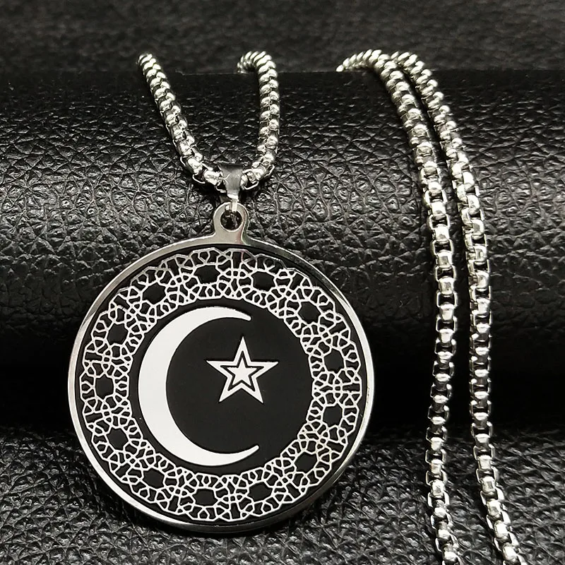 Модные мусульманские ожерелья из нержавеющей стали с изображением звезды луны, мужские ожерелья черного и серебристого цвета, подвески, ювелирные изделия, colgante N18538