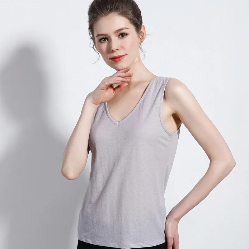 V neck Grey Базовый v-образный вырез безрукавка для женщин, из искусственного шелка топы без рукавов - Цвет: V neck Grey