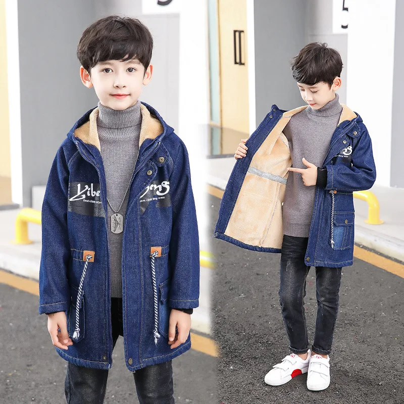 

Boys 6-16 Y Winter Denim Jeans Long Sleeve Hooded Mid-long Fleece Warm Coat Fashion Cowboys Letters Pattern Windbreak Jacket