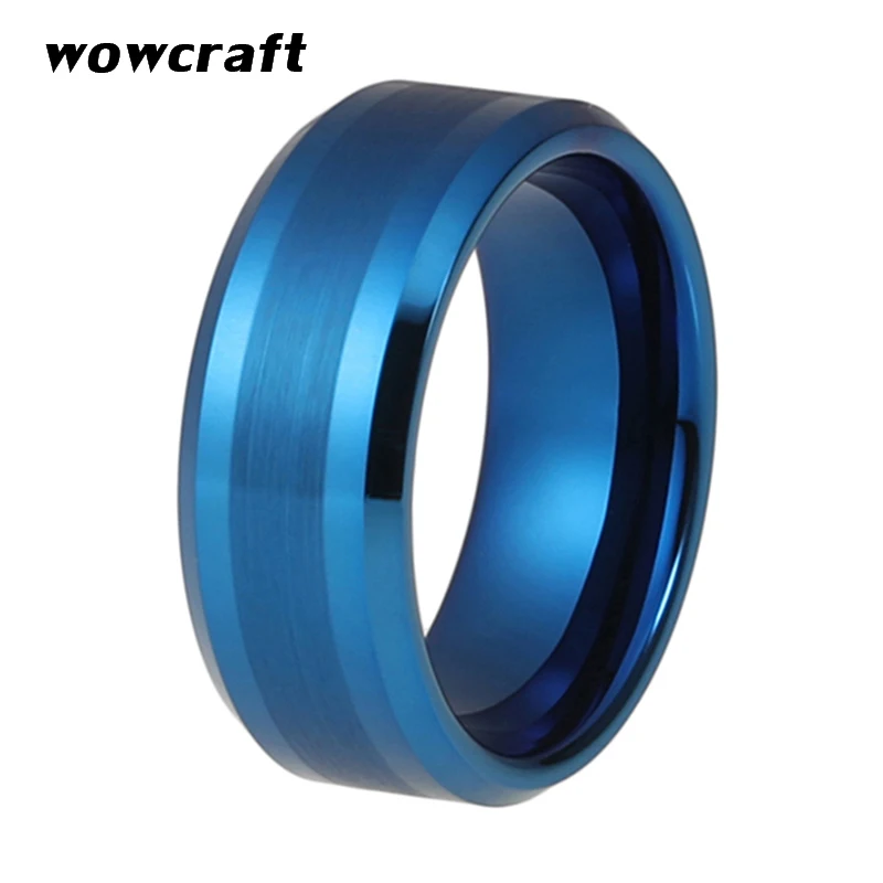 

8MM Mens Tungsten Wedding Band Ring Center Brushed Finish Beveled Shiny Edges Design Top Blue Plated Tungsten Carbide Rings